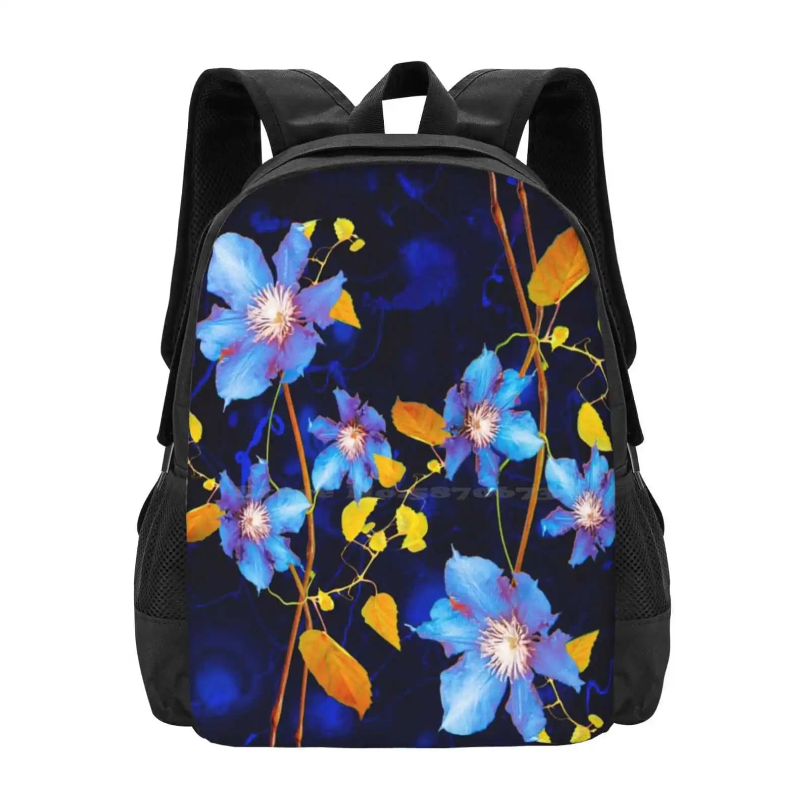 Clématites / Clematis School Bags Travel Laptop Backpack Floral Flower Clematis Atmosphere Pale Blue Deep Blue Golden Yellow