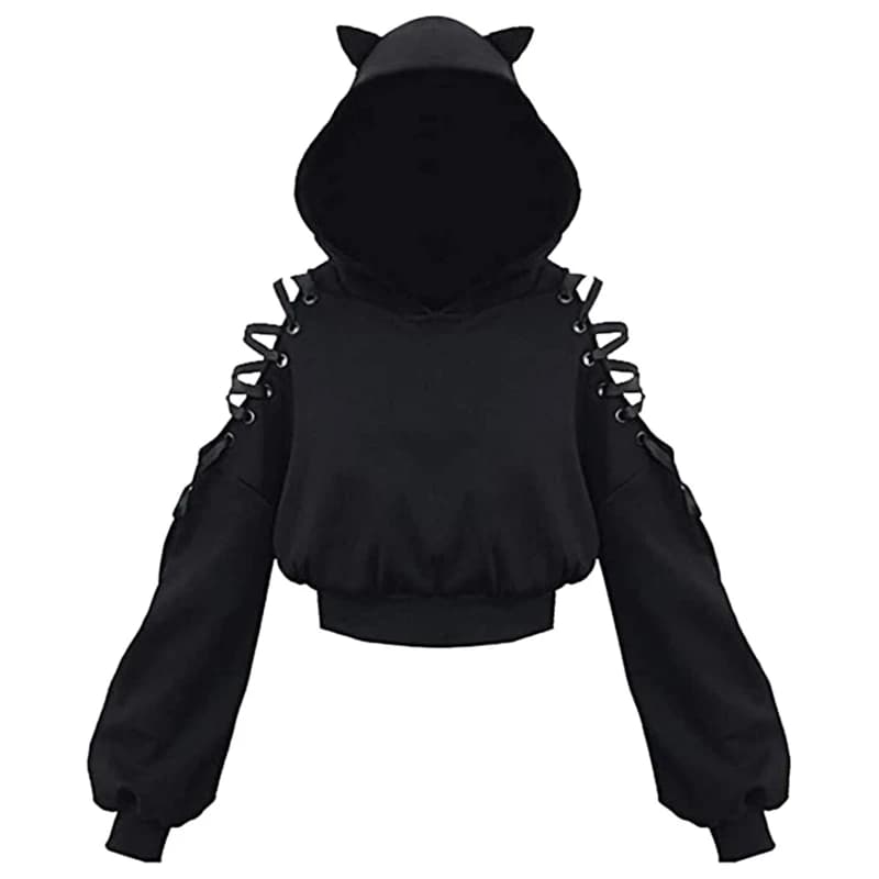 Y2k Gothic Womens Hoodie Cat Ear Crop Top Hooded Sweatshirt Hollow Out Lace Up Long Sleeve Hodded Casual Pullover Autumn