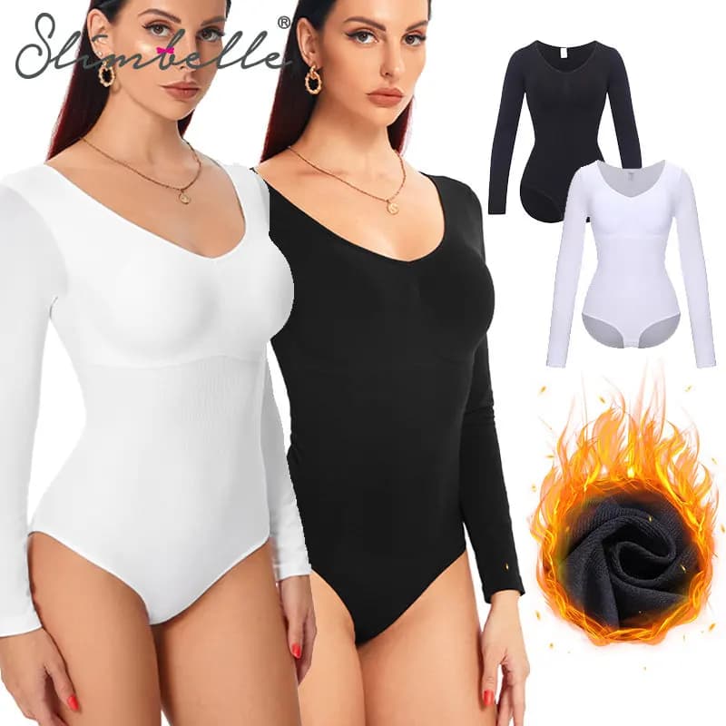Womens Thermal Bodysuit Shapewear Autumn Winter Tummy Control Underwear Long Sleeve V Neck Padded Shapwear Warm Sexy Bodysuit
