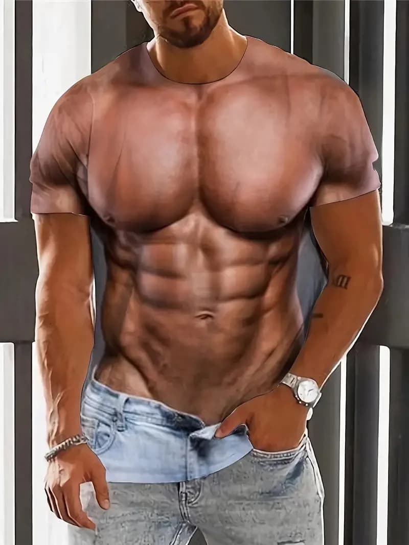 3D Digital Muscular Male Body Pattern Crew Neck And Short Sleeve T-shirt Novel And Stylish Summer Tops For Outdoors Casual Tops