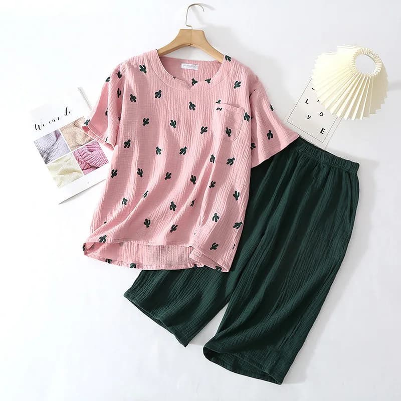 Lovely Pattern Short Sleeve Calf-Length Pants Nightwear Cotton Women's Pajamas Set Cactus Print Sleepwear V-Neck Lingerie Set