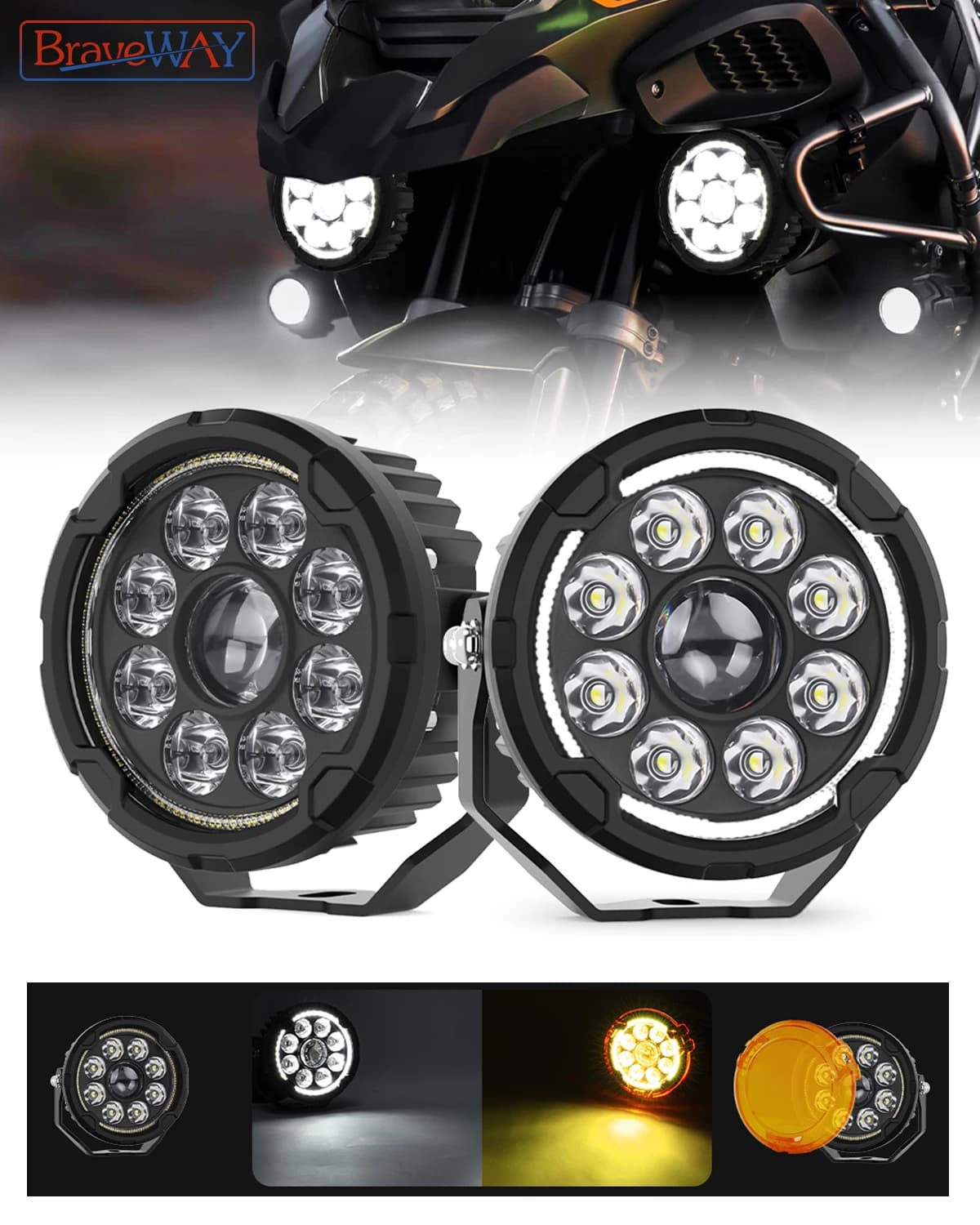 BraveWAY LED Spot Light for Motorcycle ADV GS Off-Road Truck UTV Yellow Fog Lights/ Work Light / Driving Lamps /Headlight