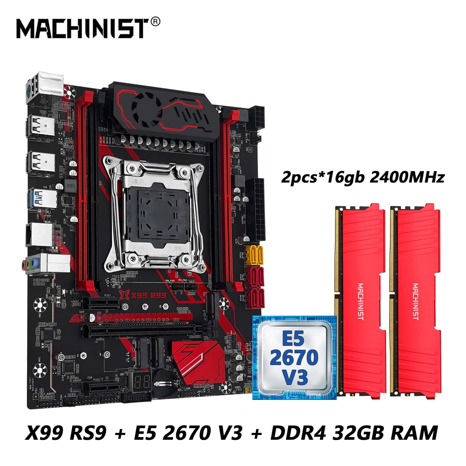 MACHINIST RS9 X99 Motherboard Combo LGA 2011-3 Set Xeon E5 2670 V3 Kit CPU Processor DDR4 32GB RAM Memory NVME M.2 four channels