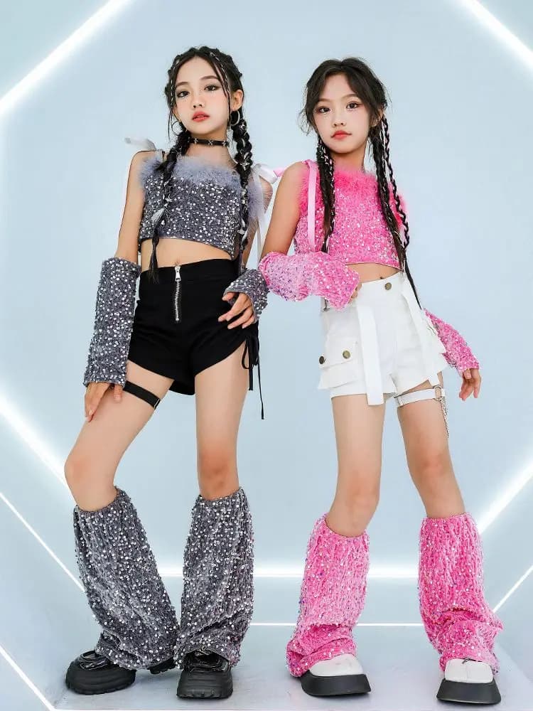 Pink Sequin Jazz Costume Girls Hip Hop Stage Outfit Black White Shorts Kpop Kid Glitter Fashion Clothes Dancing Performance Suit