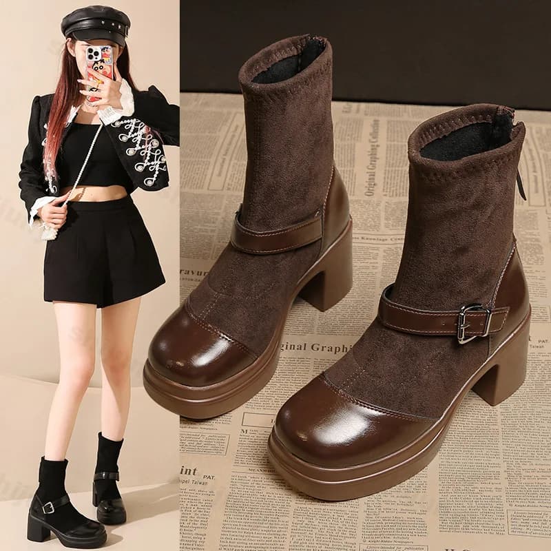 Women Suede Autumn Winter High Heel Boots Height Increasing Metal Buckle Party Shoes Round Head Splicing Chunky Heels Boots