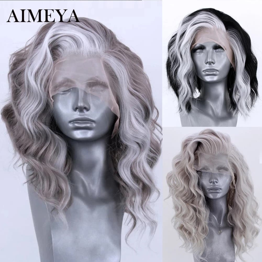 AIMEYA Synthetic Lace Front Wig Highlight Grey Lace Wigs for Black Women Side Part Cosplay Wigs Short Wave Wig Natural Hairline