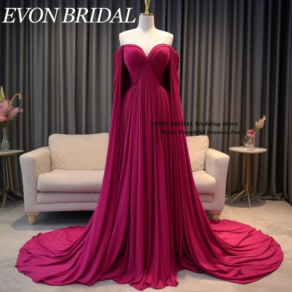 EVON BRIDAL Fuschia Evening Dresses Saudi Arabia Women فساتين سهره فاخره Chiffon Long Cape Sleeves 2024 Formal Wedding Party