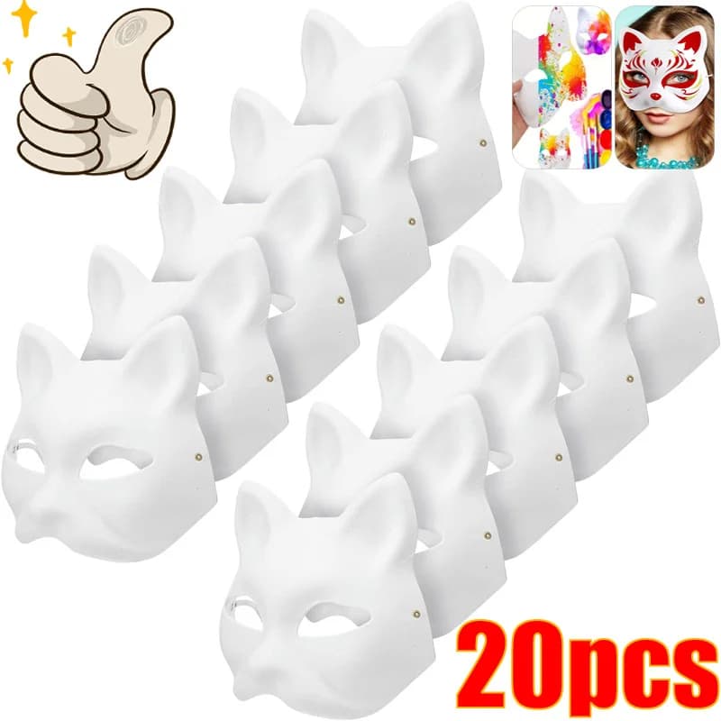 1-20pcs Japanese Mask Paper Blank Mask Halloween Cosplay Cat DIY Paintable Half Face Mask Animal Costume Party Decor Craft Prop