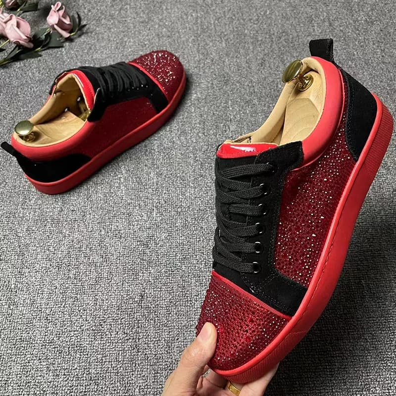 men casual cow suede leather rhinestone shoes lace-up flats platform shoe stage nightclub black red sneakers designer footwear