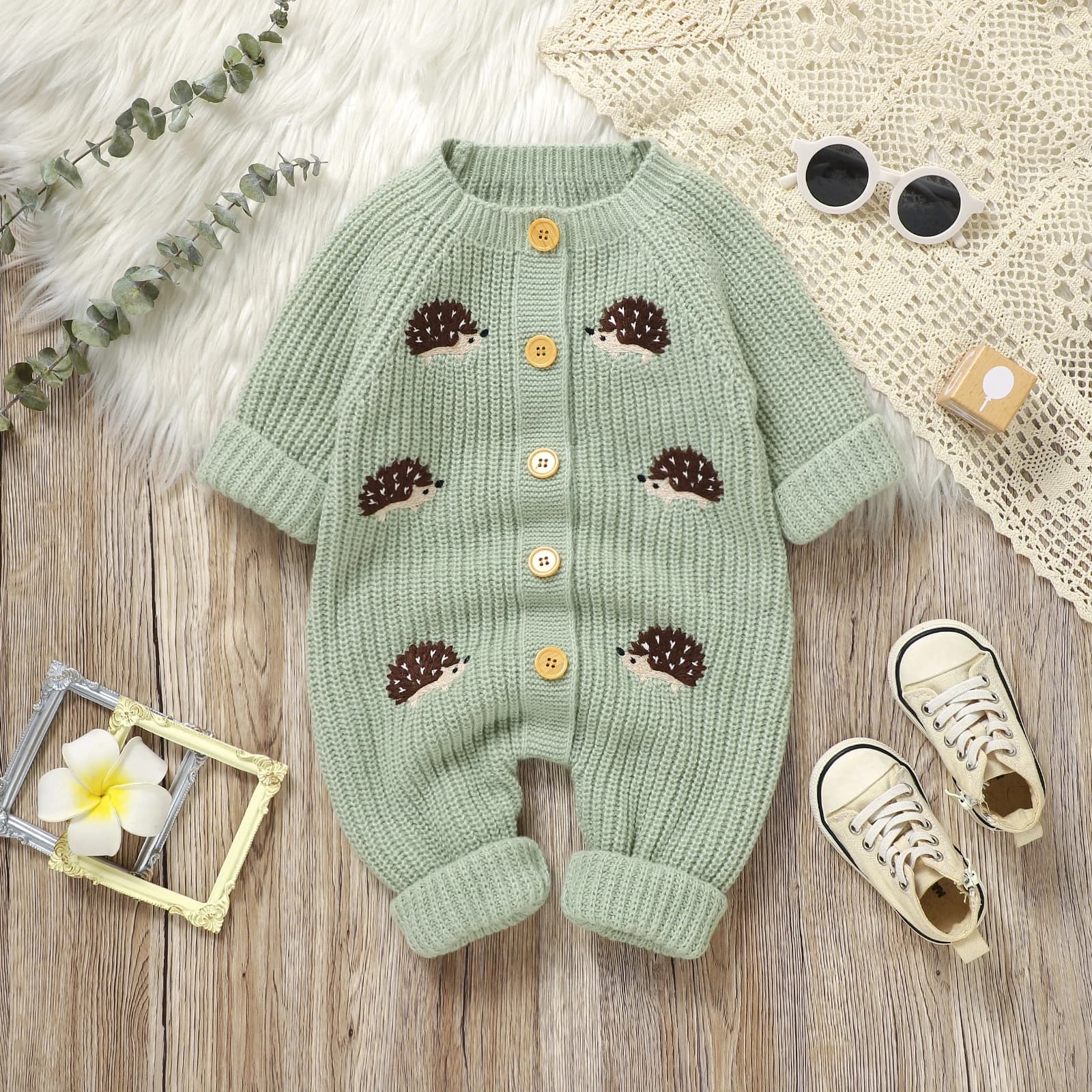 0-18 Months Baby Girls Boys Sweater Rompers Hedgehog Pattern Buttons Long Sleeve Toddler Fall Bodysuits Jumpsuits