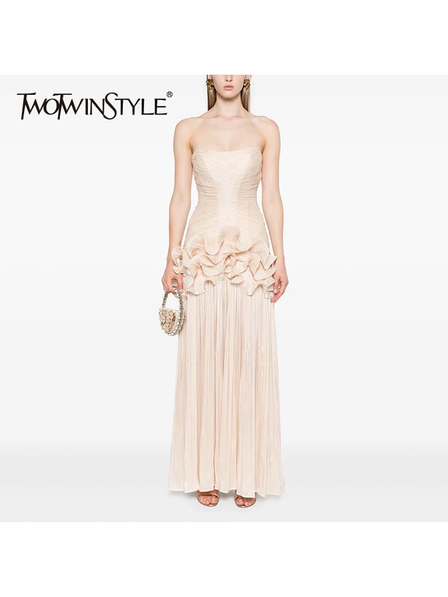 TWOTWINSTYLE Solid Spliced Folds Slimming Dresses For Women Slash Neck Sleeveless High Waist Temperament Dress Female Fashion