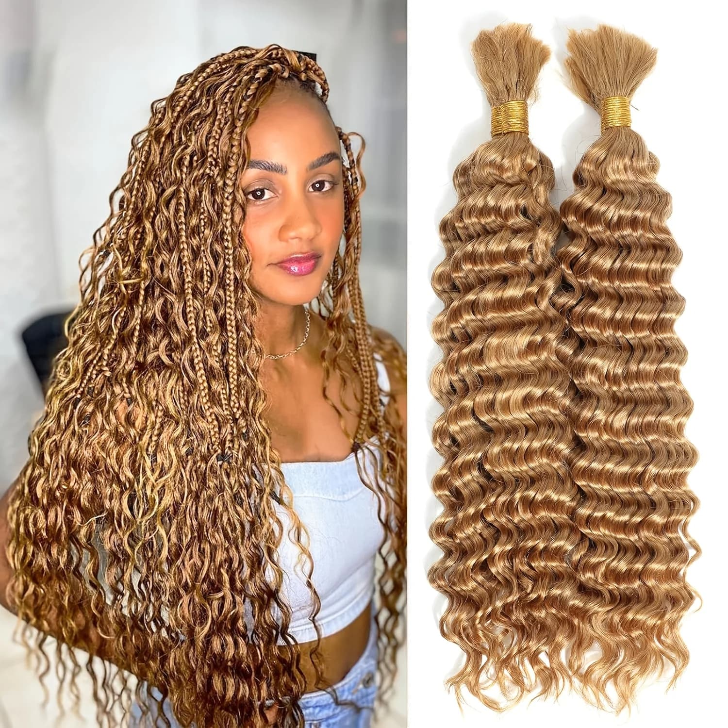 #27 Honey Blonde Bulk Human Hair For Braiding Deep Wave Human Hair Bundles No Weft Bundles For Women Hair Extensions