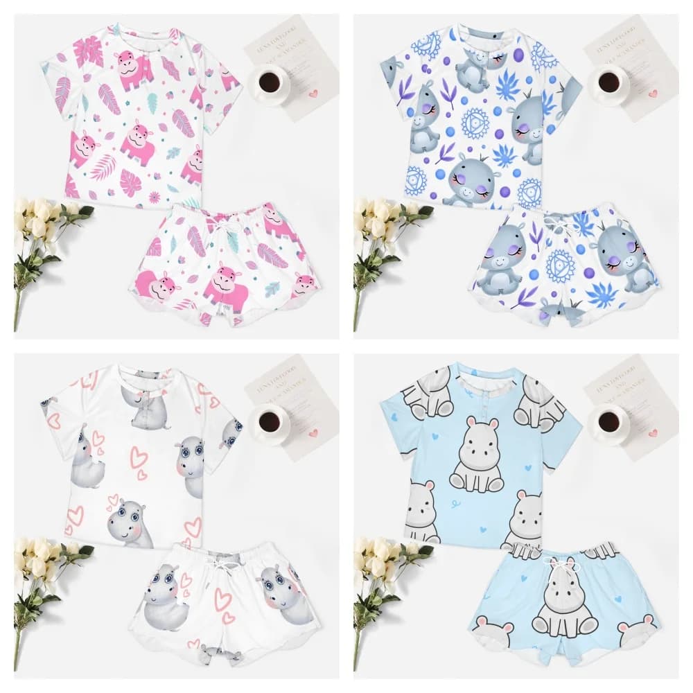 Cute Hippo Pattern Women's 2-Piece Button Down Short Sleeve Button Front Sleepwear Loungewear PJ Set Summer Home Suit