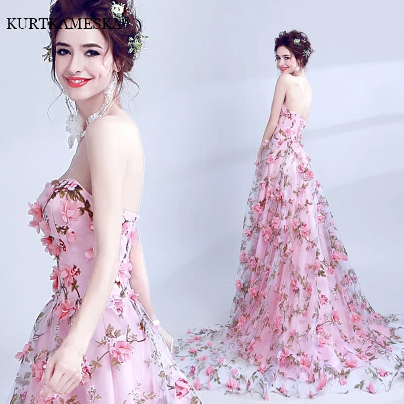 Sweet Floral Lace Strapless Ball Gown Trailing Evening Party Long Dresses Women Elegant Sexy Formal Prom Show Stage Host Dress