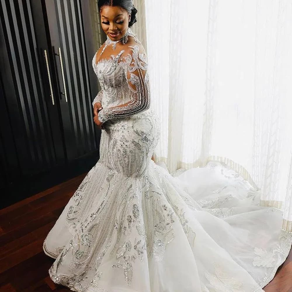 Luxurious Mermaid Wedding Dresses High Neck Long Sleeve Lace Beaded Bridal Gowns Customized High Quality Women Clothing