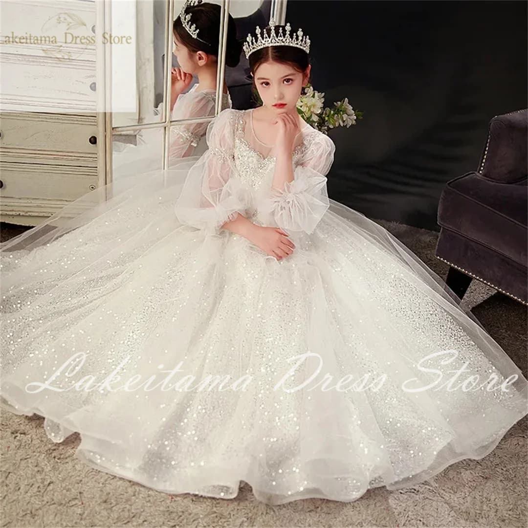 New Year Party Flower Girls Dress for Wedding Evening white Children Princess Pageant Long Gown Kids Dresses for Girls Clothes