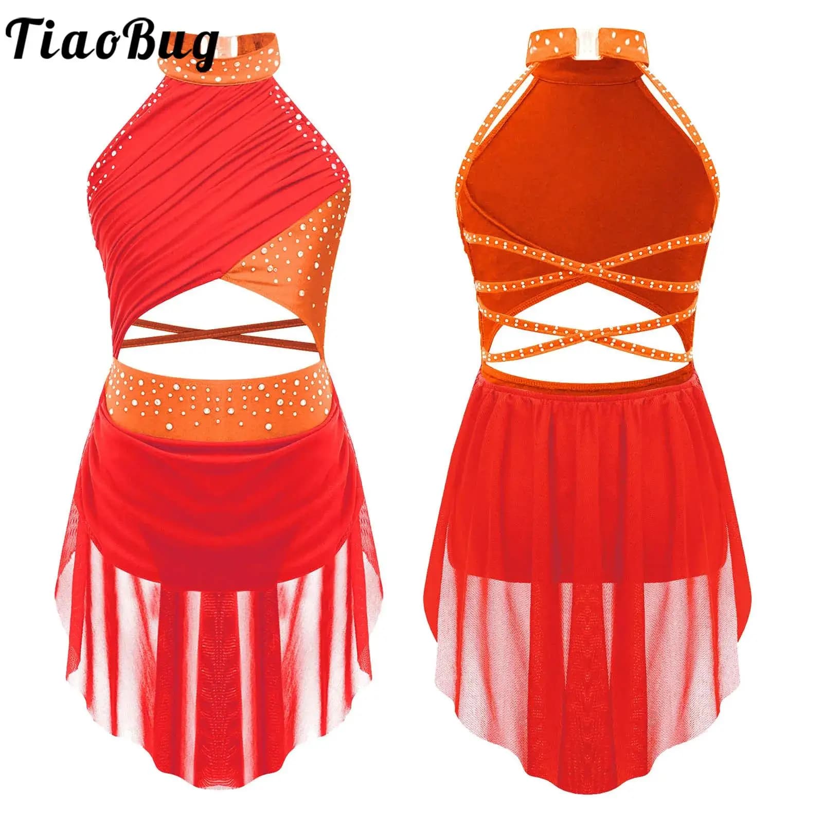 Sleeveless Modern Lyrical Dance Dress For Girls Kids Ballet Tutu Gymnastics Leotard Bodysuit Figure Skating Performance Costume