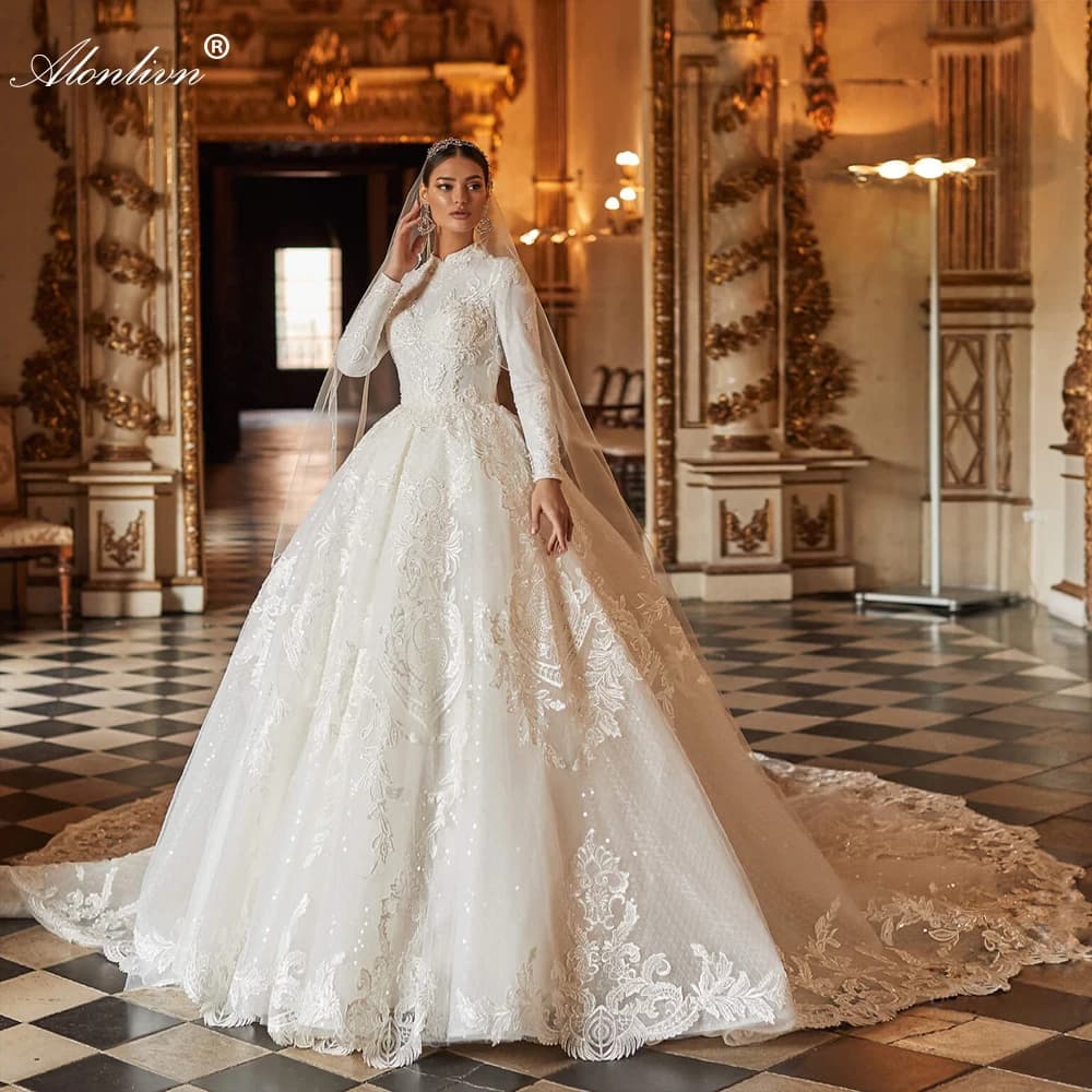 Alonlivn Musilin High Collar A Line Gorgeous Wedding Dresses Beading Appliques Lace Full Sleeves Bridal Gowns