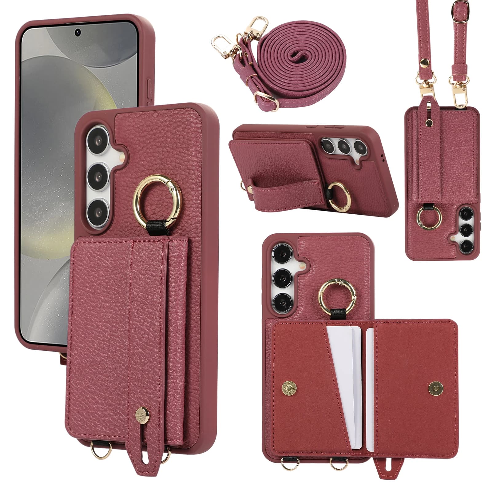 Wristband Crossbody Cards Bag Wallet Leather Case for Samsung Galaxy S24 Ultra S23 Plus S22 Ring Holder Lanyard Kickstand Cover