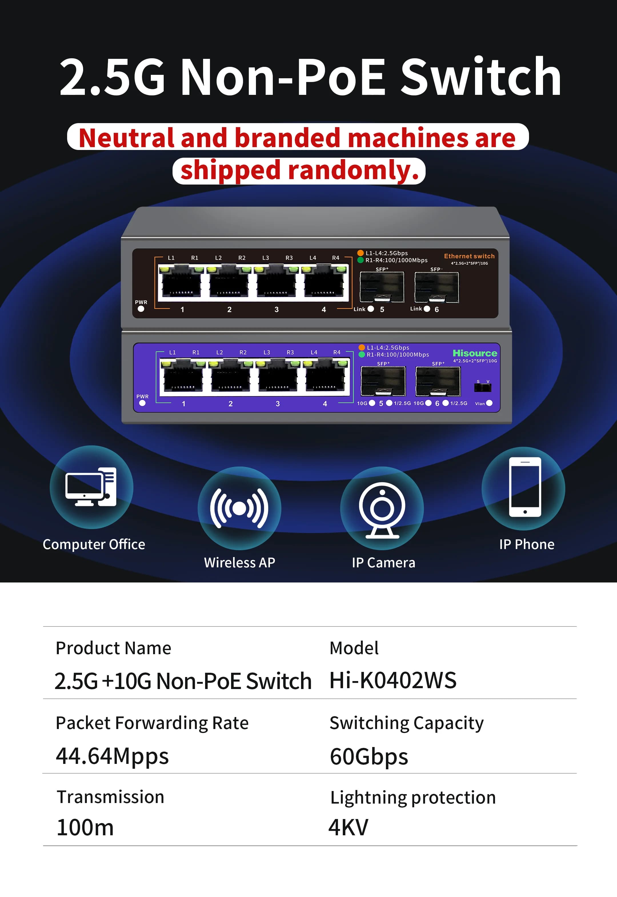 Hisource 2.5G 4 8 Port Ethernet Switch None POE Networck Switch uplink 2*10G Port for IP Camera/Wireless AP