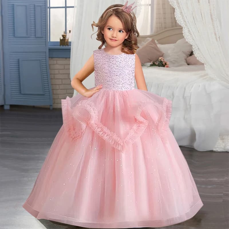 Girl sequin embroidered yarn dress birthday party dress new 4-14 years old girl pearl sleeveless Graduation Ball Princess dress