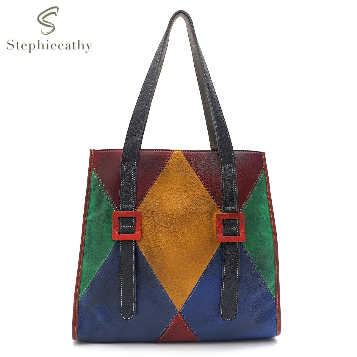 SC Vintage Sprayed Random Color Patchwork Genuine Leather Cowhide Large Capacity Tote fits in 13‘ Laptop Cross body Shoulder Bag