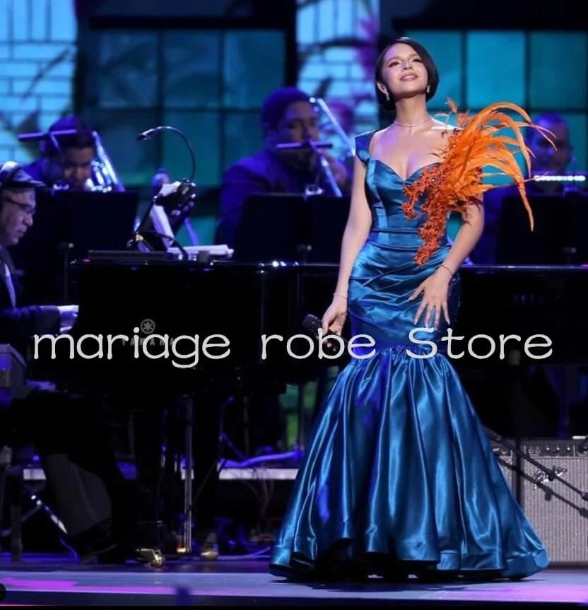 Mermaid Celebrity Evening Occasion Dresses Teal Vlue Stain Veaded Feather Latin Grammys angela aguilar Wedding Party Gown