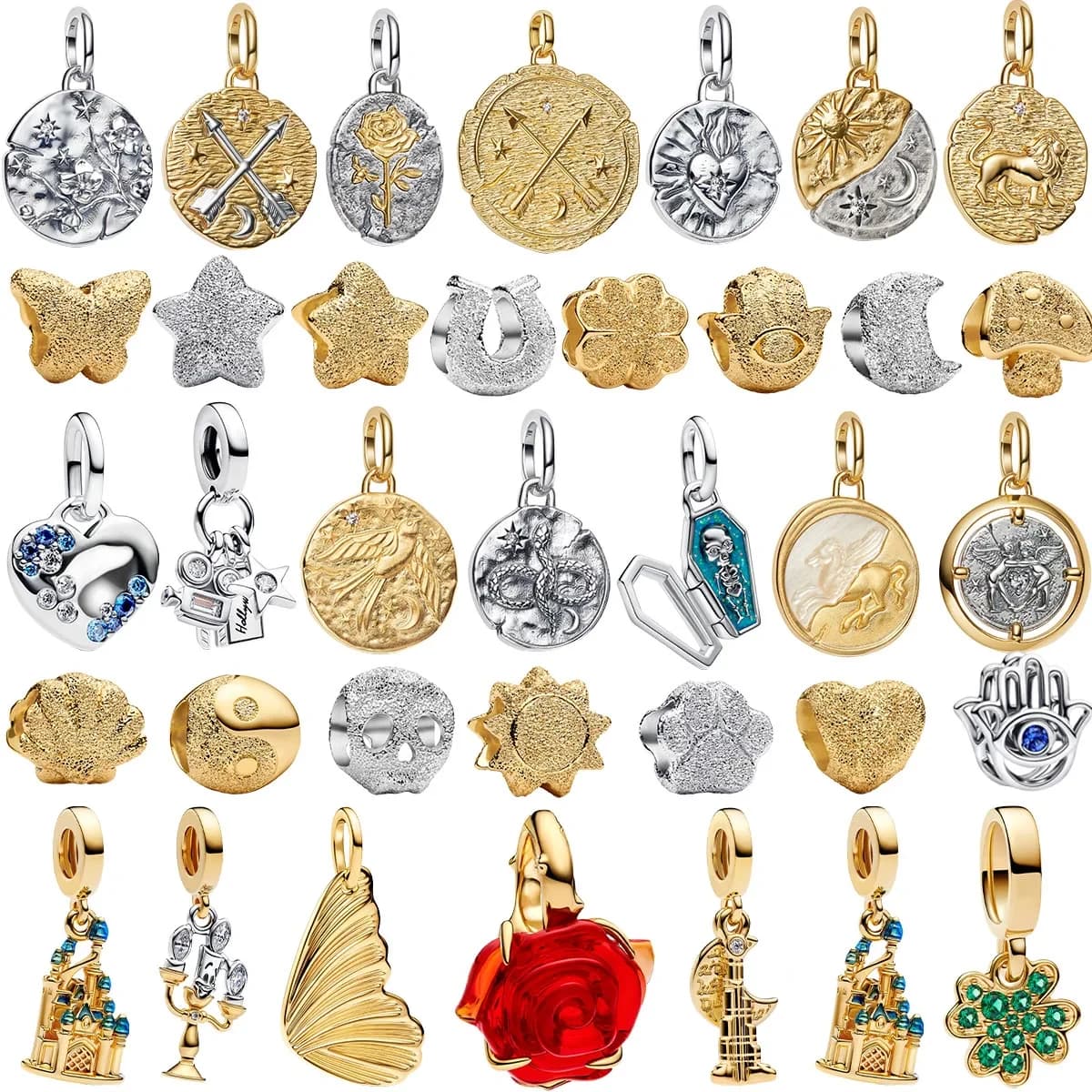 New 925 Sterling Silver Golden Round Charms Horse Lion Castle Beads Earrings Rings Bracelets Necklaces Womens DIY Jewelry Gift