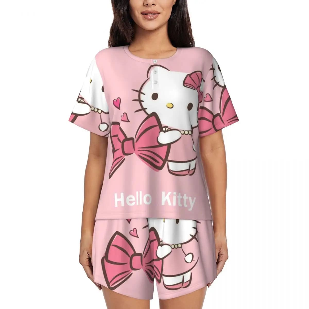 Custom Printed Women Cartoon Anime Hello Kitty Pajamas Set Short Sleeve 2 Piece Sleepwear Pjs Lounge Sets