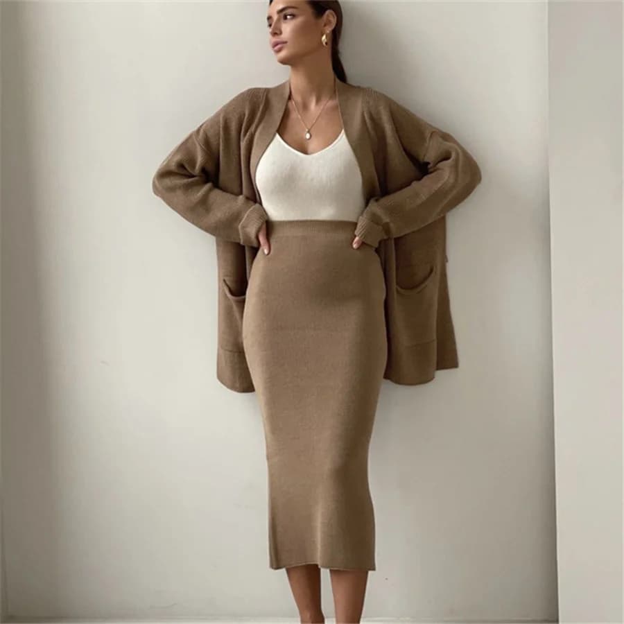 Women Knitted Two Piece Skirt Set Cardigan Coat+Elastic Waist Bodycon Skirt Solid Color Office Suits Female Autumn Streetwear