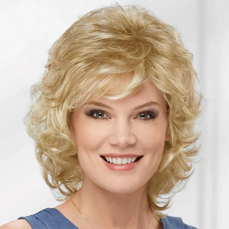 HAIRJOY Women Synthetic Hair Wigs Short Curly with Bangs Shoulder Length Blonde Grey White Brown Wig