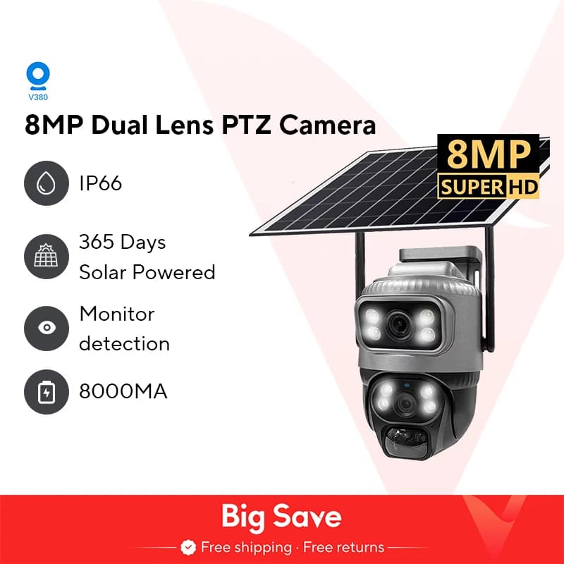 V380 Dual Lens 4G Camera Solar PIR Human Detection Night Vision Waterproof Security Video IP Camara 8MP 4K Battery CCTV Monitor