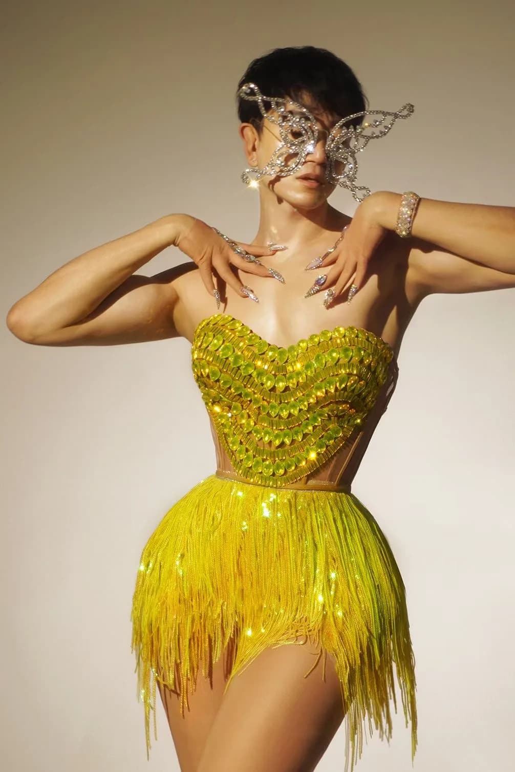 Sexy Short Skirt Set for Women, Sparkling Rhinestone Tassels, Evening Party Dress, Nightclub Singer Stage Performance Costume