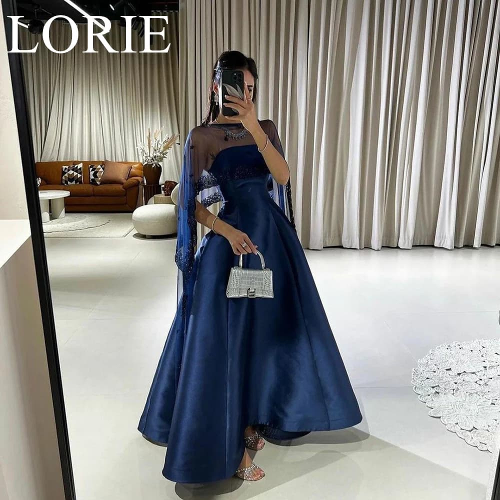 LORIE Navy Blue A-Line Satin Prom Dresses Lace Cape Pleated 2024 Ankle Length Elegant Formal Occasion Evening Gowns Customized