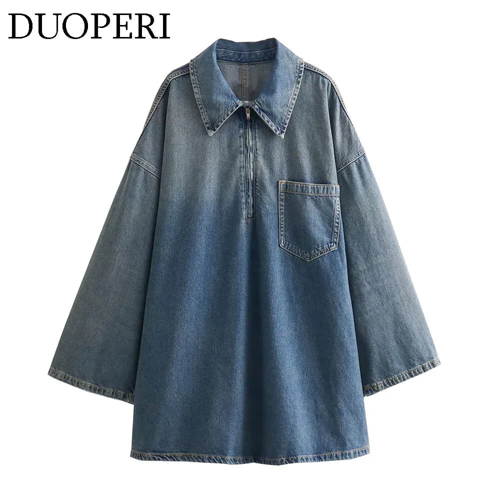 DUOPERI Women Fashion Solid Denim Dress Long Sleeves Female Chic Lady Casual Loose Short Dress