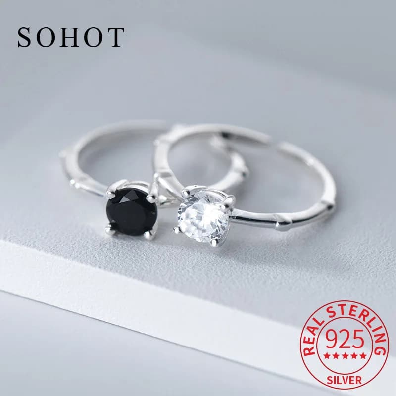 Real 925 Sterling Silver Single Round Zircon Opening Rings for Women Minimalist Classic Fine Jewelry Geometric Accessories