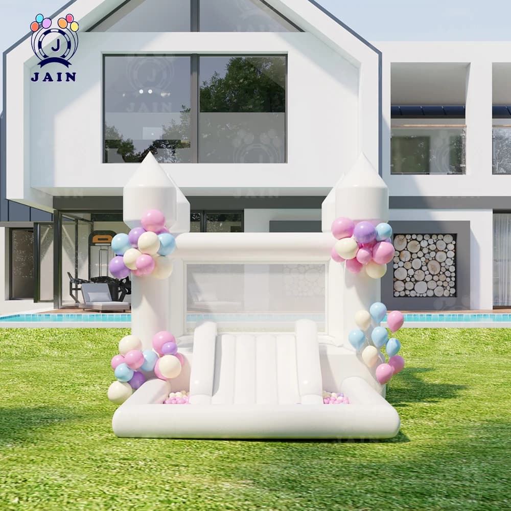 13×8×8ft PVC Commercial Grade Inflatable White Bounce House with Slid and Ball Pit,the Bounce Castle for Birthday/Wedding/Party
