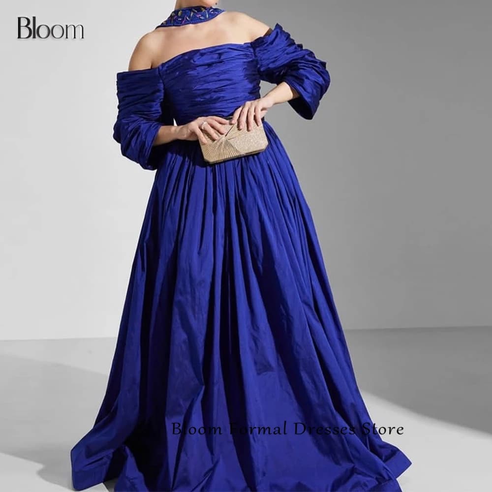 Bloom Contrast Color A-Line Zipper Back Satin Pleats Solid Color Sweep Train Off the Shoulder Bespoke Occasion Party Gowns