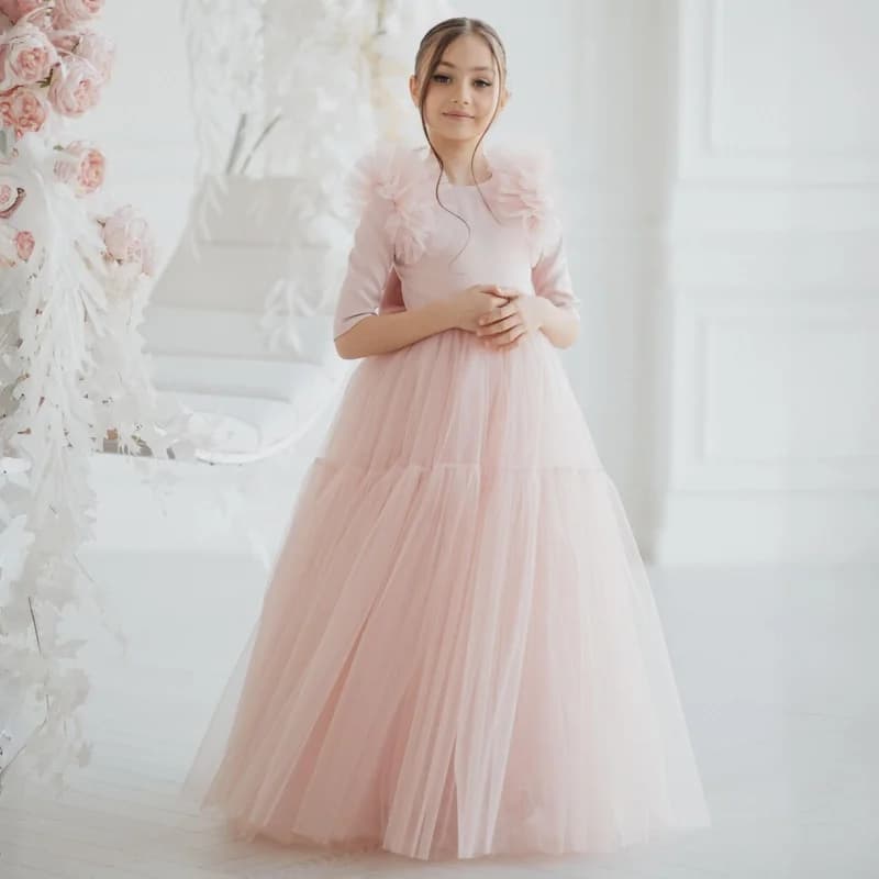 Customized Light Pink Flower Girl Dresses Tulle With Bow Half Sleeve For Wedding Birthday Party Banquet Princess Gowns