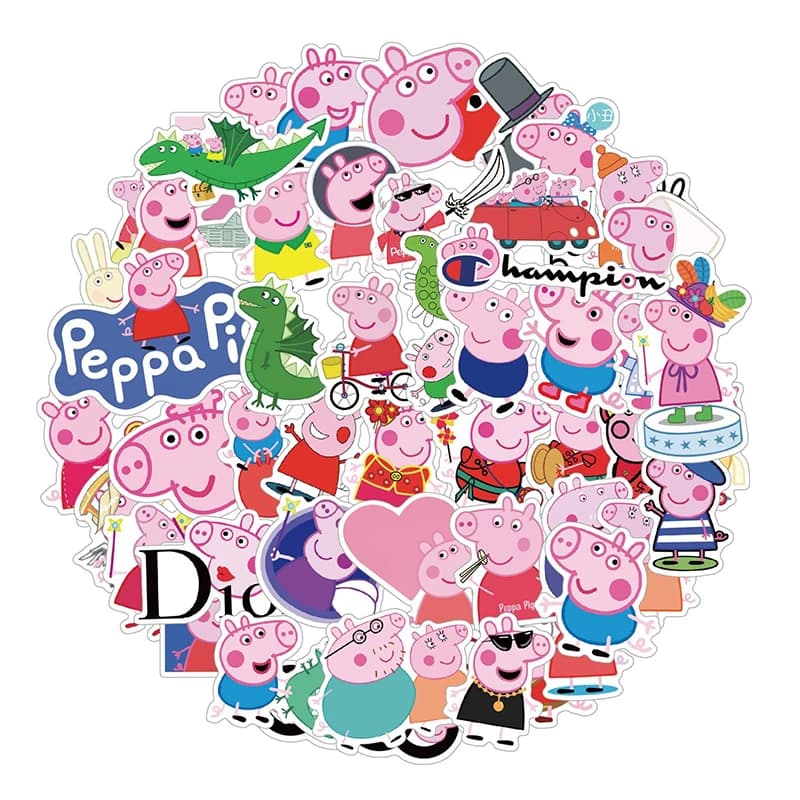 51pcs Peppa Pig Sticker Children's Cartoon Doodle Sticker Pen Box Water Bottle Refrigerator Bag Wall Decoration Small Gifts Toy