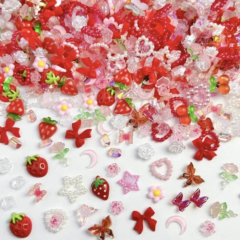 100PCS Random Mixed Strawberry Flowers Nail Charms Sweet Resin Flatback Moon Nail Art Decoration Accessories Manicure DIY