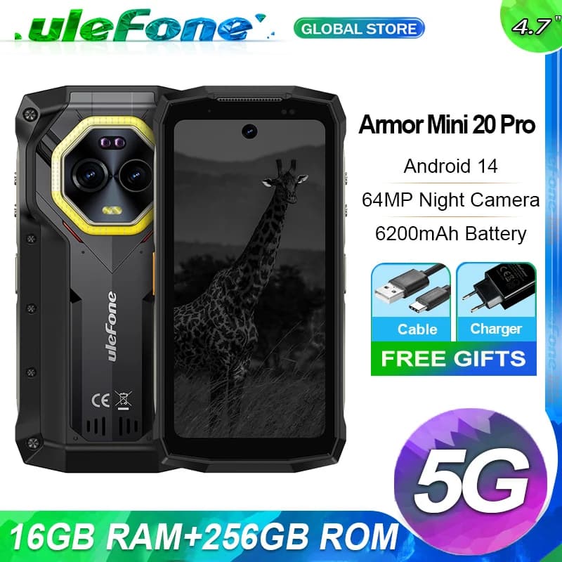 Ulefone 4.7" Rugged Phone Armor Mini 20 Pro 5G Android 14 16+256GB Smartphone LED Light 64MP Night Camera Mobile phone
