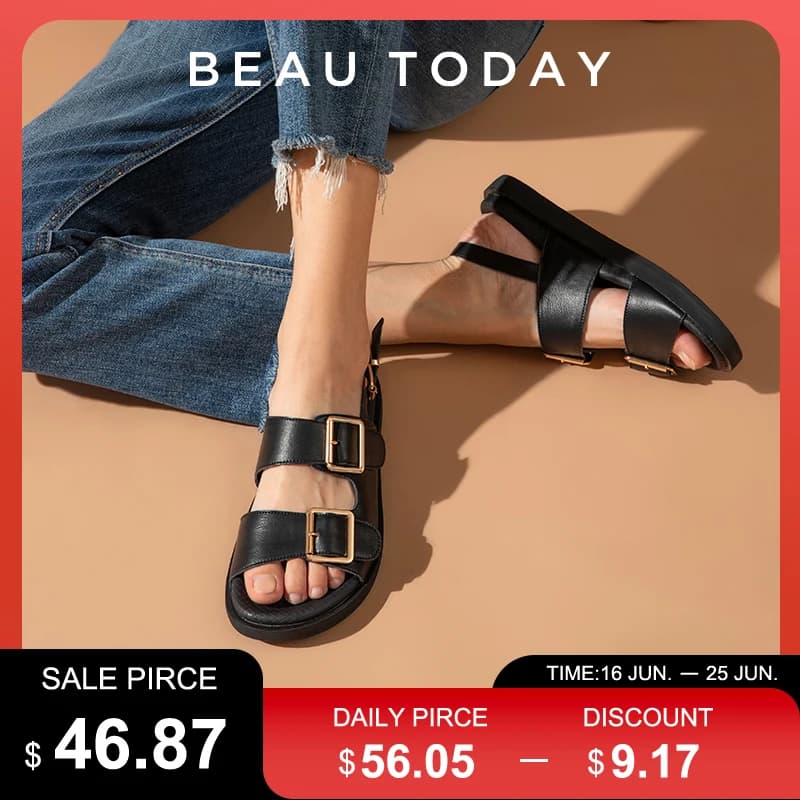BeauToday Casual Sandals Women Genuine Leather Metal Ankle Buckle Strap Summer Beach Ladies Low Heel Sport Shoes Handmade 38128