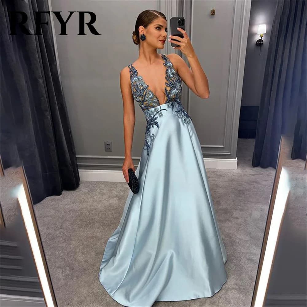RFYR Spaghetti Strap Blue Formal Dresses Deep V Neck Party Dress For Wedding Appliques Lace Special Occasion Dresses Customized