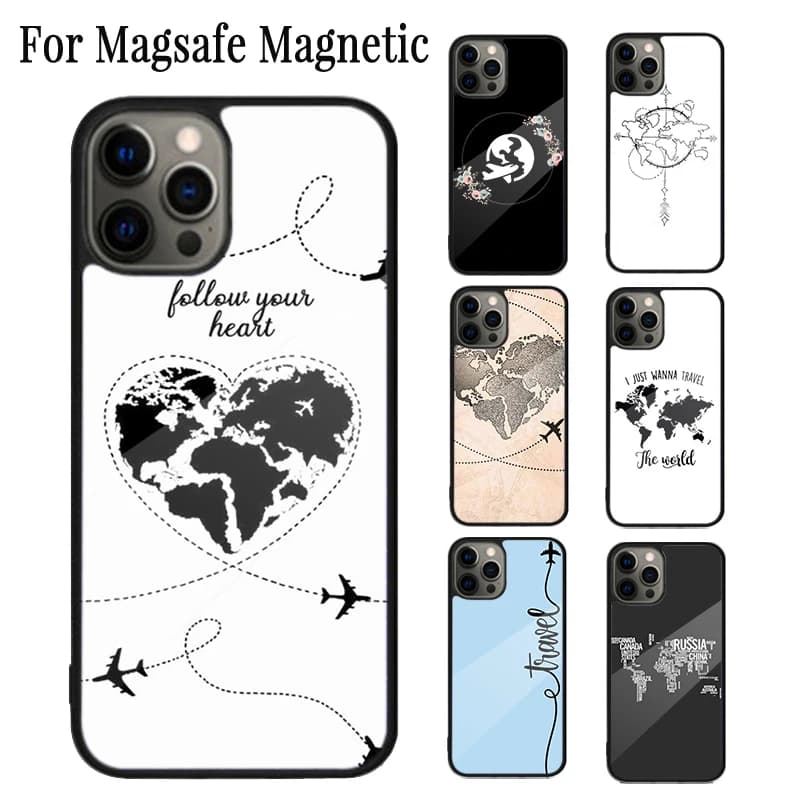 World Map Travel Just Go Magnetic Phone Case Coque For iPhone 16 15 14 Plus 13 12 Mini 11 Pro Max Magsafe Wireless Cover