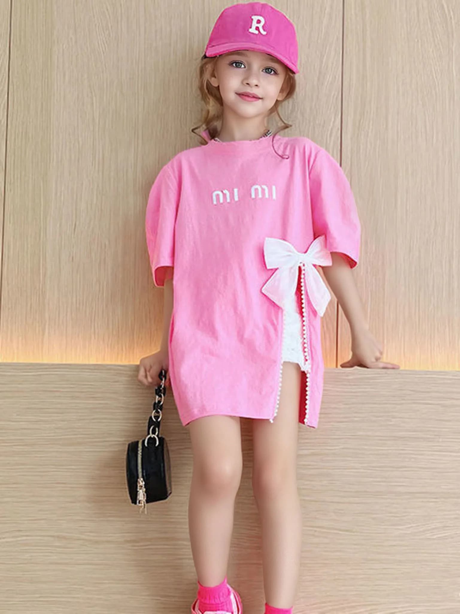 Chic Summer Street Style Mid-Length Girls' T-Shirt, Bow-embellished slit design Children tops for Tween Girl 3-12 Years
