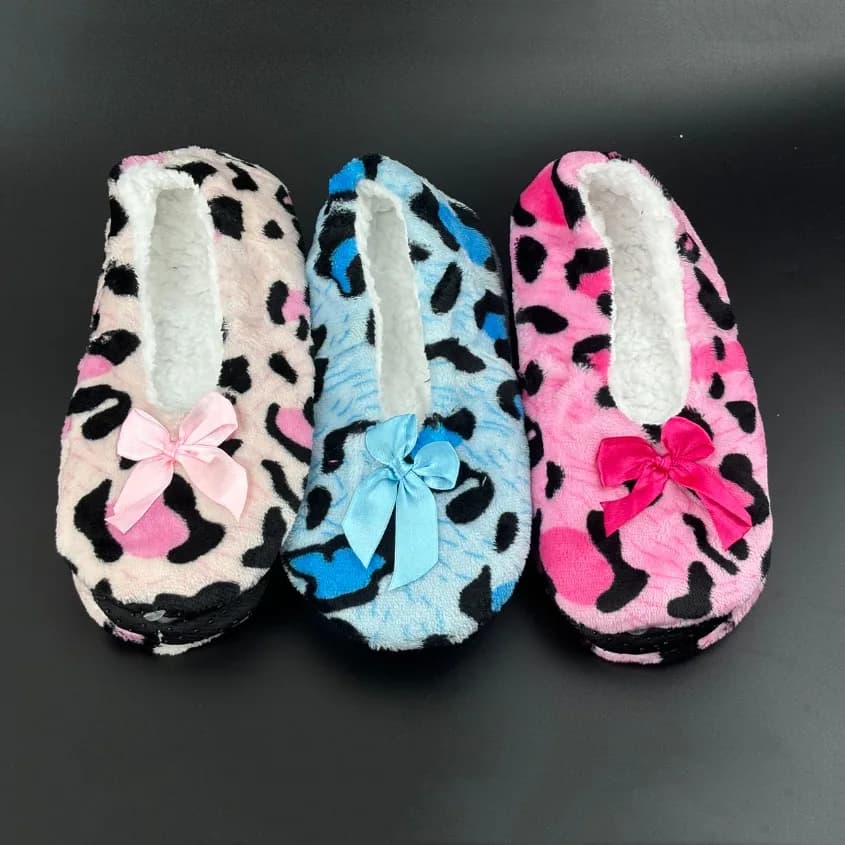 Home Slipper Women Bow Knot Leopard Winter Warm Fur Plush Anti Skid Grip Cute Funny Indoor House Fluffy Female Floor Shoes
