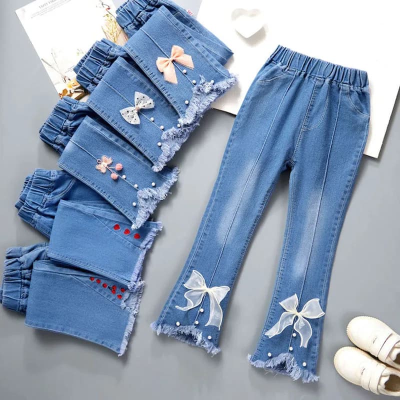 2024 New Autumn Elastic Kids Jeans Girls Cute Leisure Bow Denim Blue Children Flared Pants teenage Girl Clothes Trousers 3-12Y