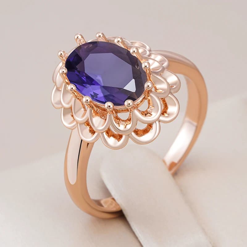 Kinel Hot Classic Big Oval Purple Natural Zircon Ring For Women Fashion 585 Rose Gold Color Crystal Flower Daily Vintage Jewelry