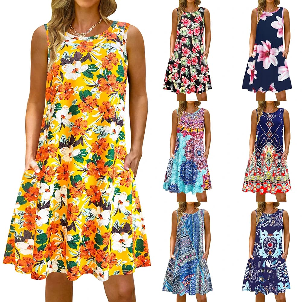 S-5Xl Colorful Printed O Neck Long Dress Casual Bohemian Sleeveless Ladies Summer Beach Sundress Travel Pocket Shirt Party Gowns